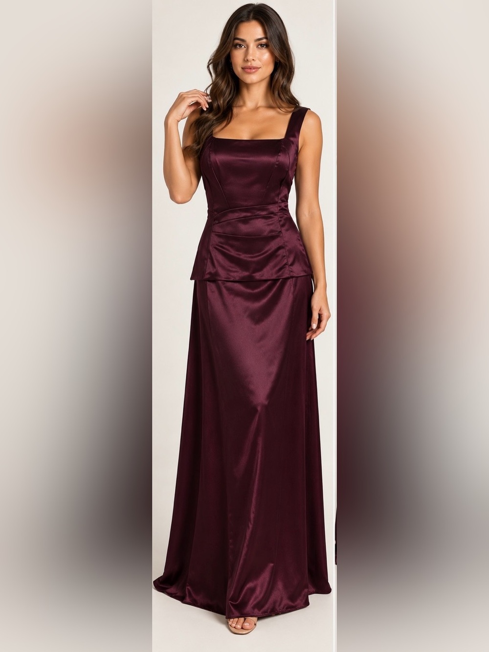 Dark Plum Satin Square Neck Layered Maxi Formal Dress Plus Size 2X